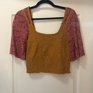 Free People Mustard and Red Smocked Top
